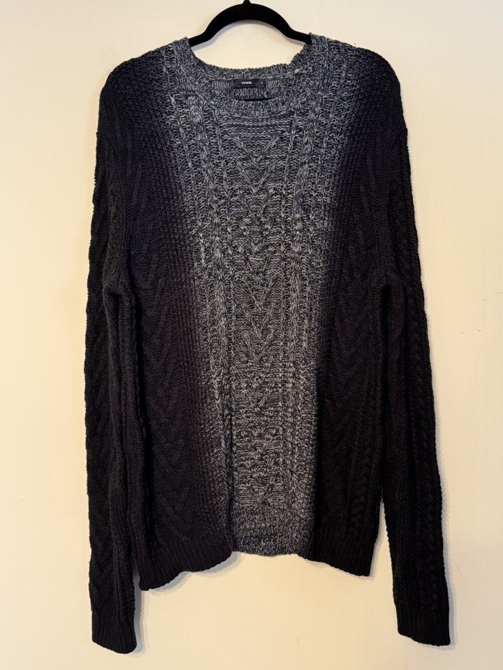 Vince. Mens Med Black Ombre Cable Knit Wool-Cashmere Blend Sweater Quiet Luxury